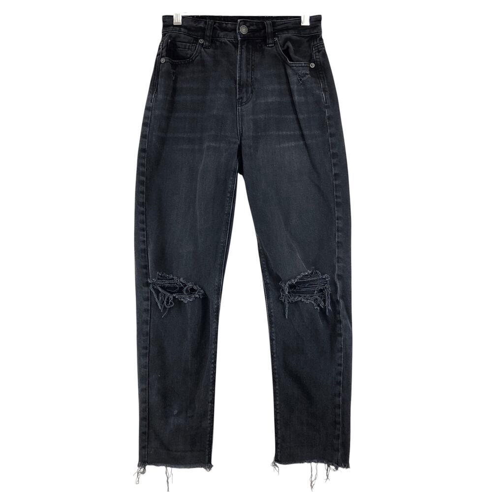 American Eagle Womens Size 000R Jeans Mom Ripped Straight Stretch Black